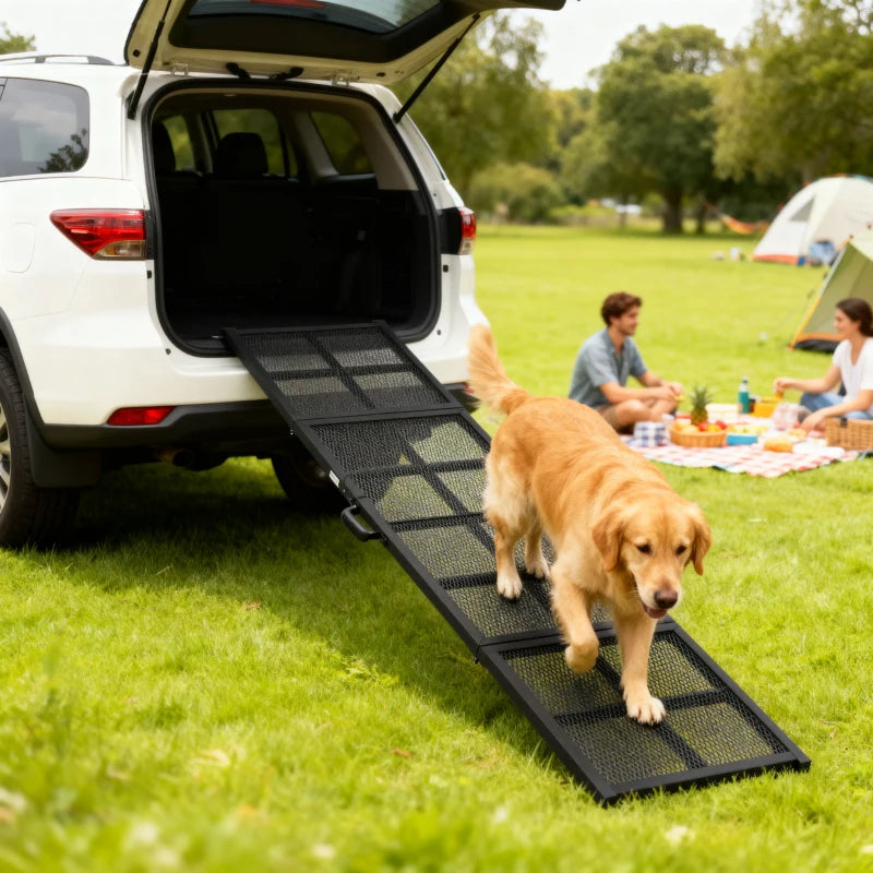 Senior dog using the Restpaw car ramp to safely enter a vehicle