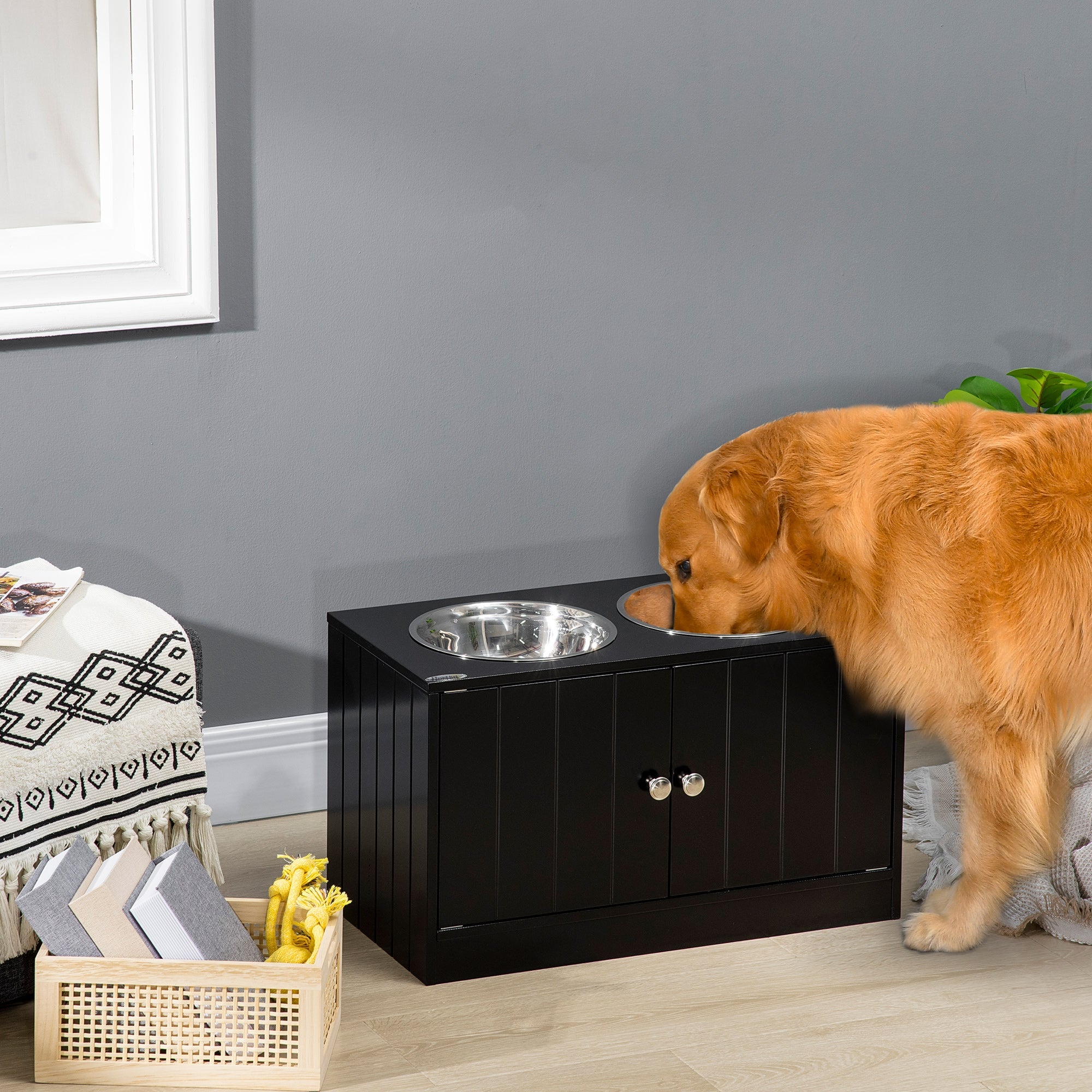 Restpaw elevated dog feeding station with storage cabinet, black
